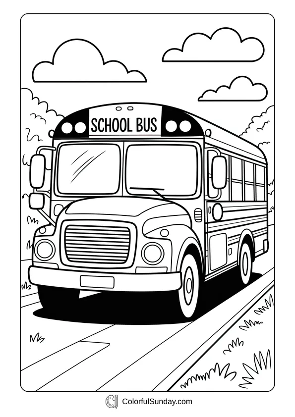 School bus driving down the road with trees and clouds in the background, school bus coloring page.