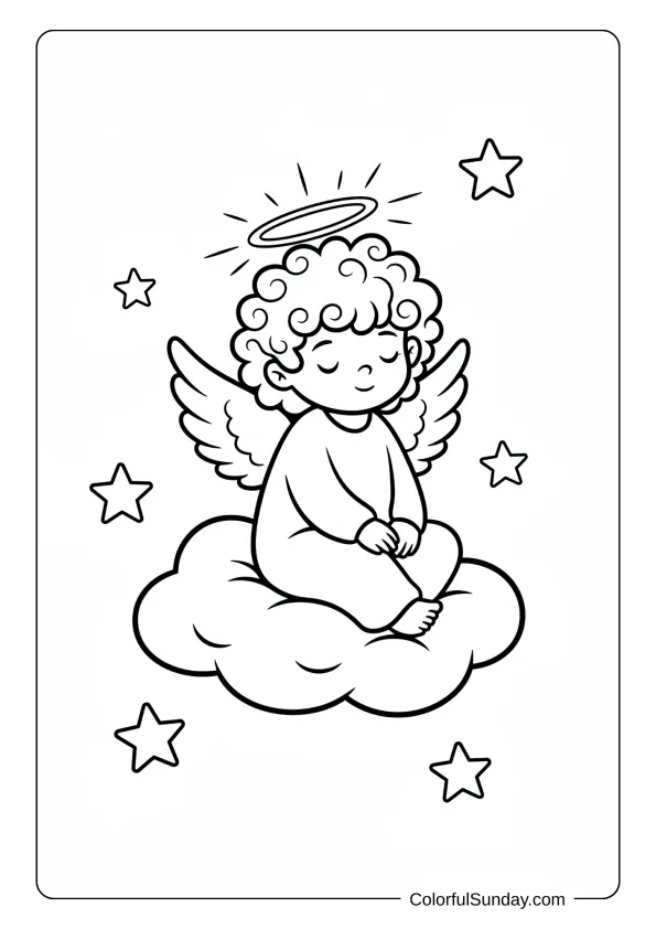 A young angel coloring sheet for preschoolers sitting peacefully on a cloud with stars.