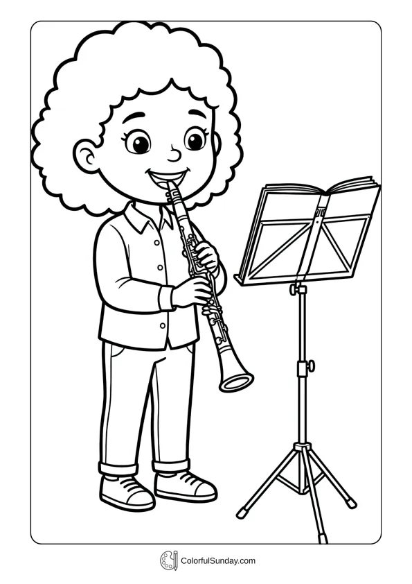 A coloring page of a cheerful young girl holding clarinet in performance position with music stand