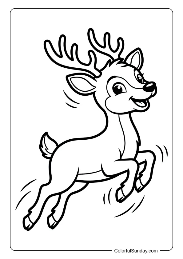 A young reindeer jumping playfully coloring page with motion lines and cheerful expression.