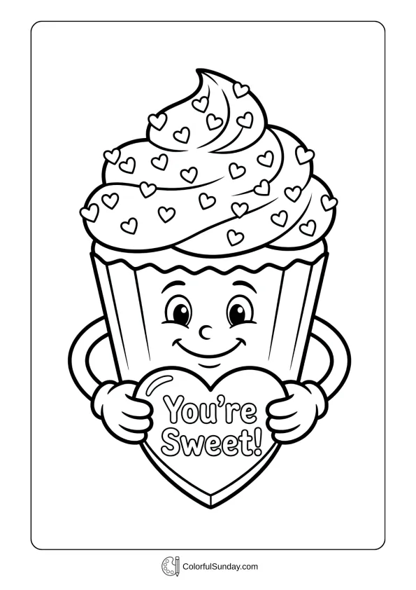 A cute cupcake with hearts and the words 'You're Sweet!' on a Valentine's Day coloring page.