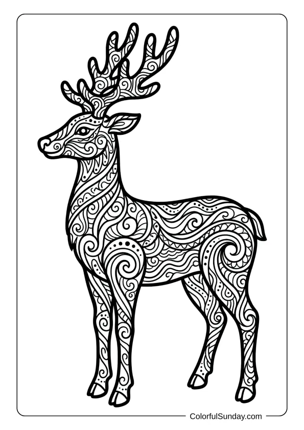 A reindeer outline filled with zentangle doodles coloring picture with waves dots and patterns.