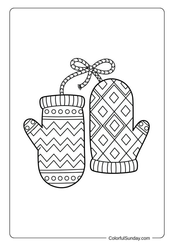 A coloring page of mittens with zigzag and diamond patterns for kids.