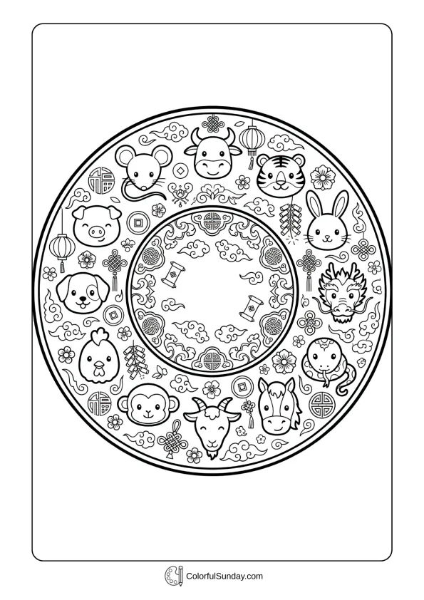 Twelve zodiac animals arranged in celebratory circle for Chinese New Year coloring page