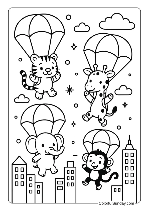 Four smiling jungle animals — tiger, giraffe, elephant, and monkey — parachute above a city skyline.