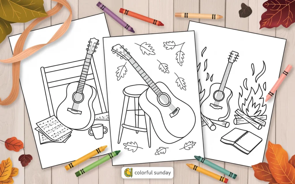 three coloring pages of an acoustic guitar