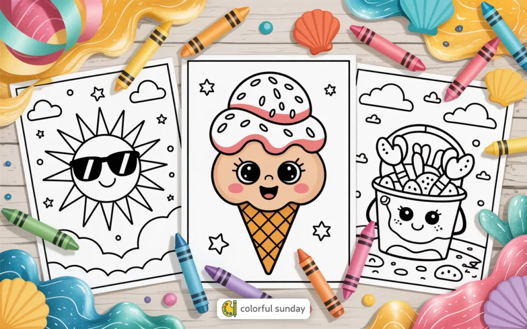 three coloring pages of the month of August