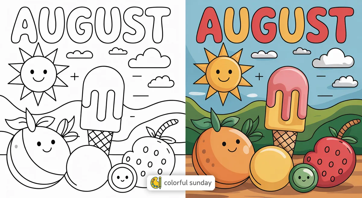 August coloring pages featured image, left side uncolored, right side fully colored