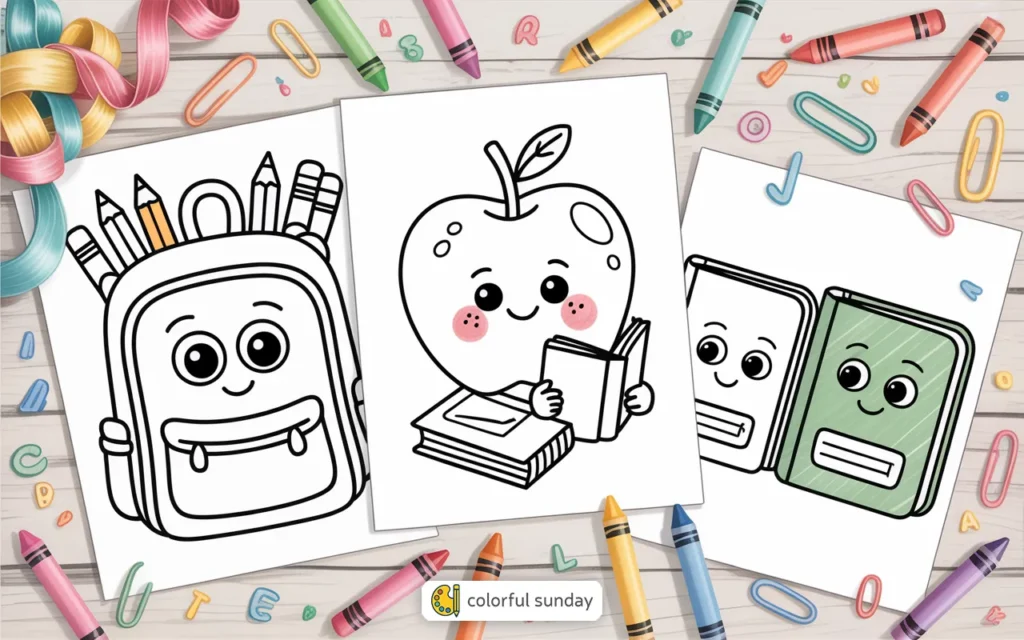 three coloring pages related to the back to school theme
