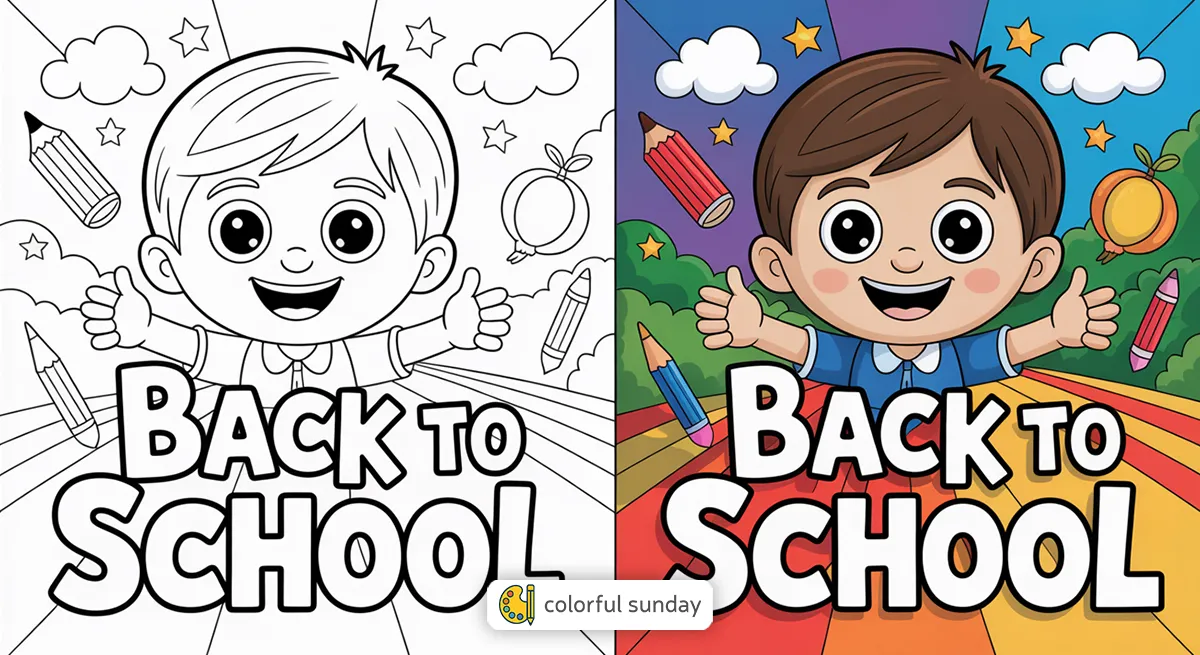 Back to school coloring pages featured image, left side uncolored, right side fully colored