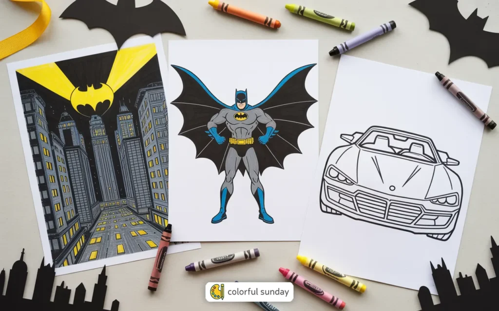 three coloring pages of Batman