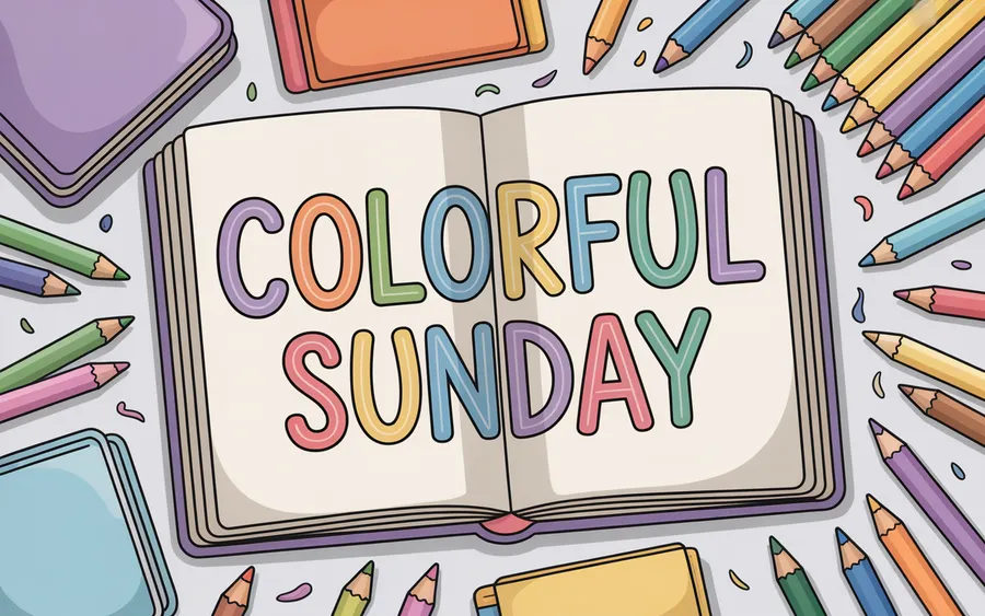 Colorful Sunday coloring pages homepage Soft digital illustration, top-down flat lay of an open coloring book on a light pastel background. On the center pages, the words “Colorful Sunday” appear as if drawn by children using colored pencils. Around the book, there are colored pencils, crayons, and markers scattered neatly.