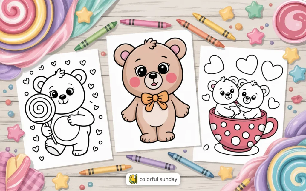 three coloring pages of a cute bear