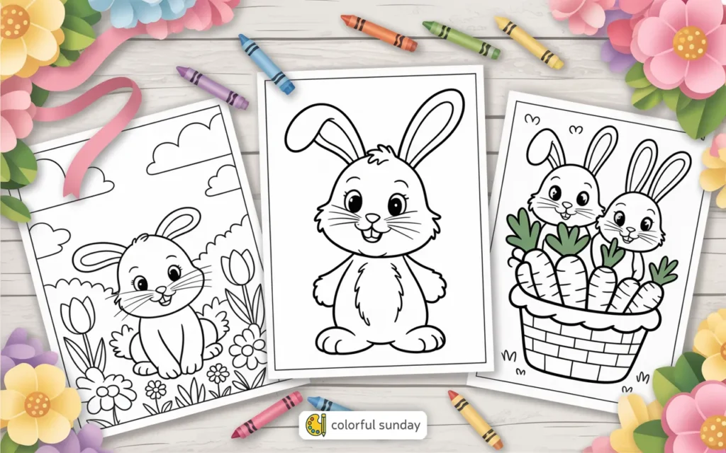 three coloring pages of a cute bunny