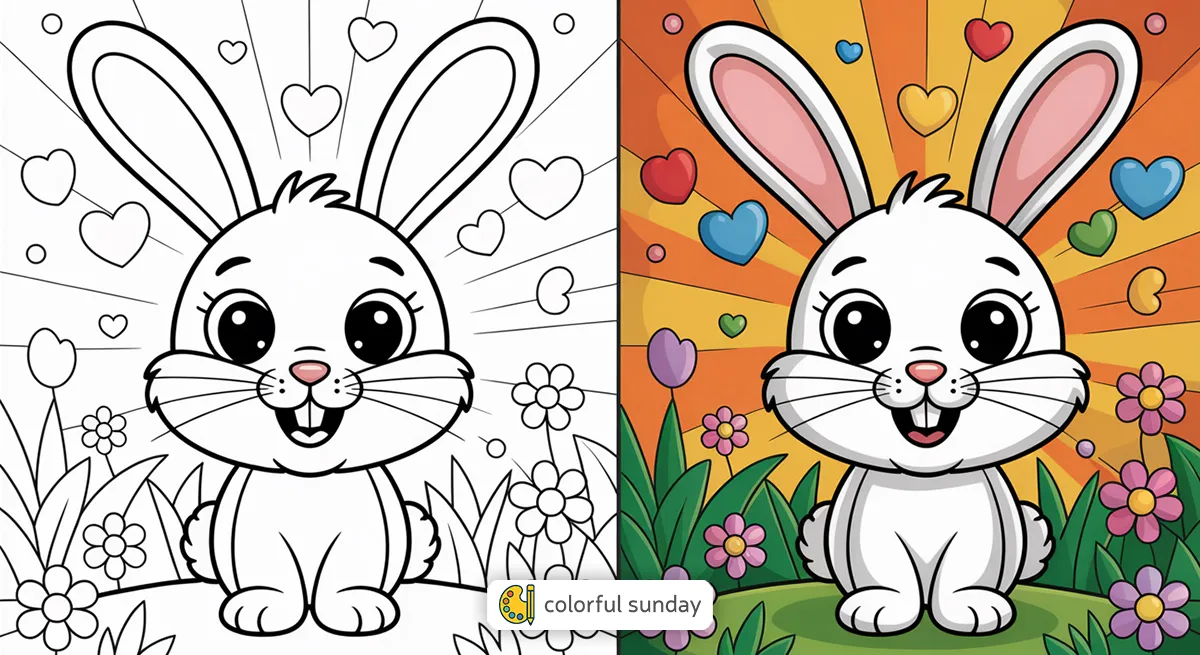 cute bunny coloring pages featured image, left side uncolored, right side fully colored