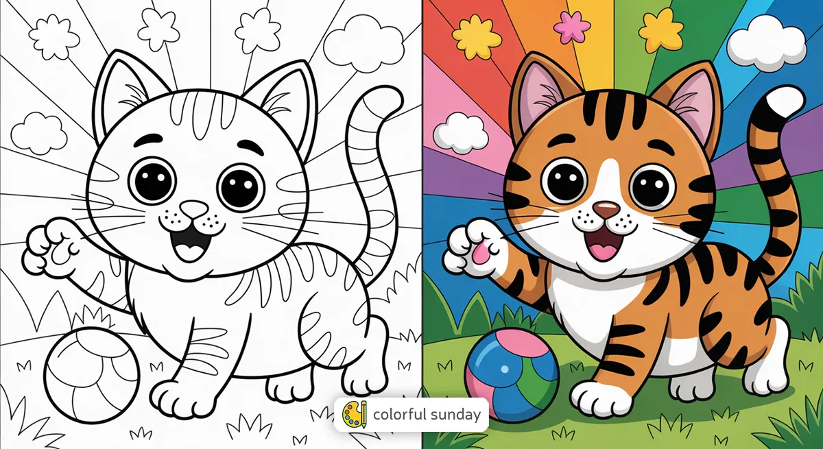 Cute cat coloring pages featured image, left side uncolored, right side fully colored