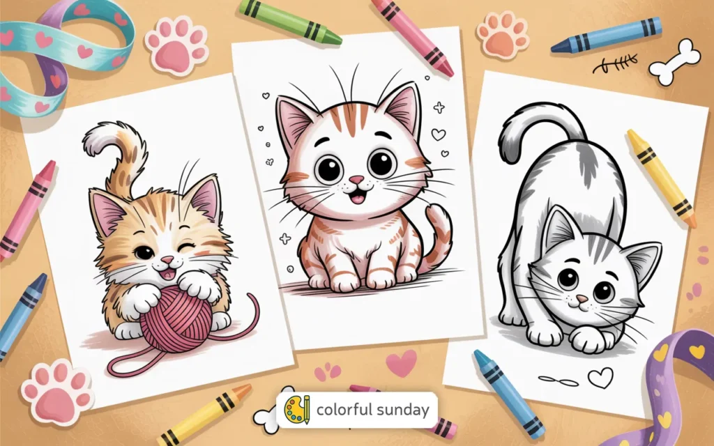 three coloring pages of cute cats and kittens
