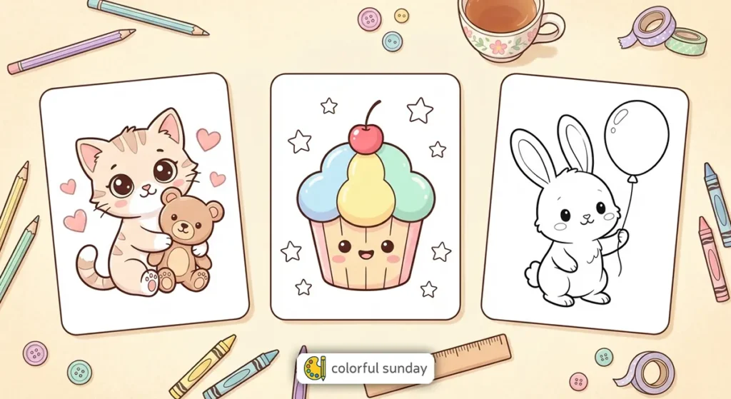 three coloring pages of cute animals and cupcakes