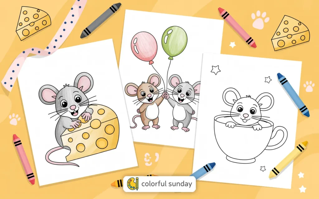 three coloring pages of a cute mouse