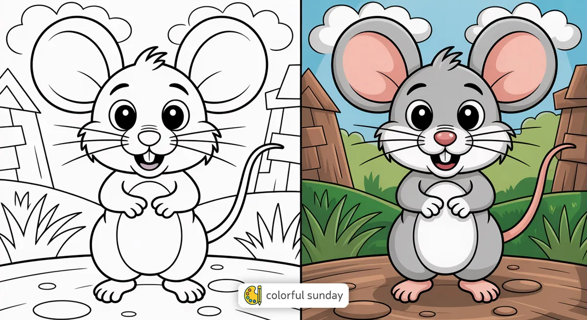 Cute mouse coloring pages featured image, left side uncolored, right side fully colored