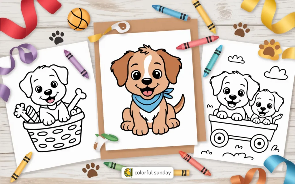 three coloring pages of a cute puppy