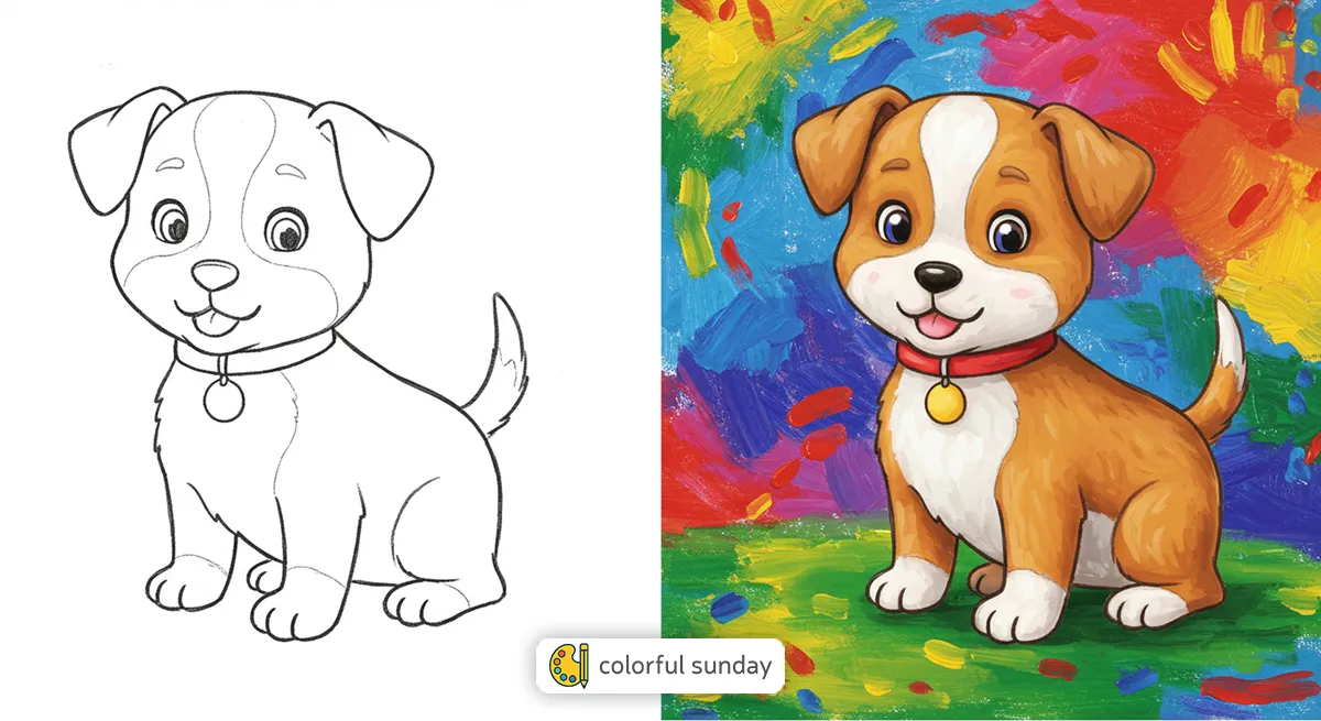 Cute puppy coloring pages featured image, left side uncolored, right side fully colored
