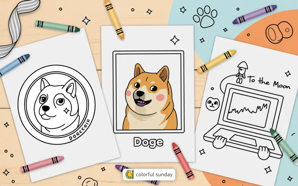 three coloring pages of the Doge memecoin
