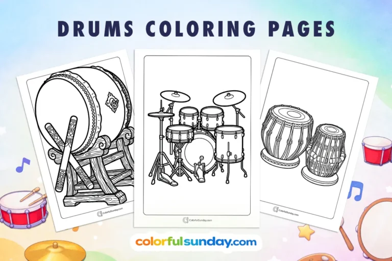 drums coloring pages featured image displaying three free printables