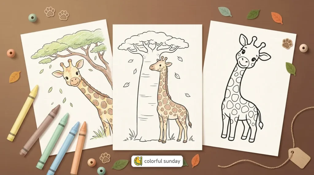 three coloring pages of giraffes