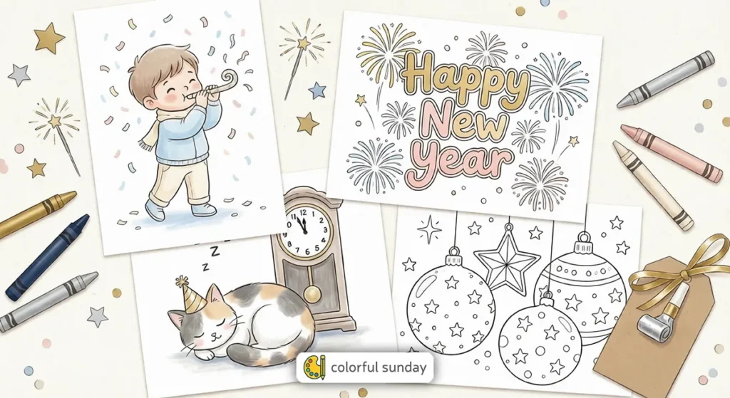 four coloring pages related to happy new year's celebration