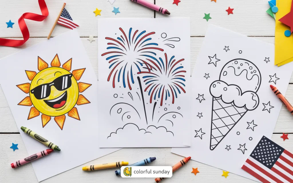 three coloring pages of the month of July