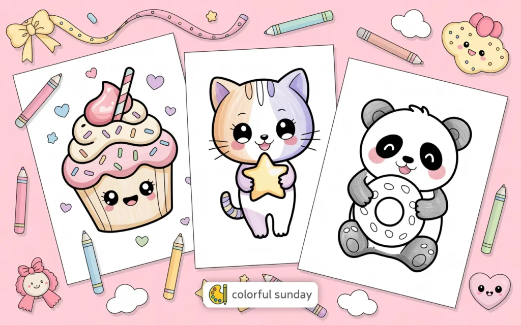 three kawaii coloring pages on a cute pink background with crayons