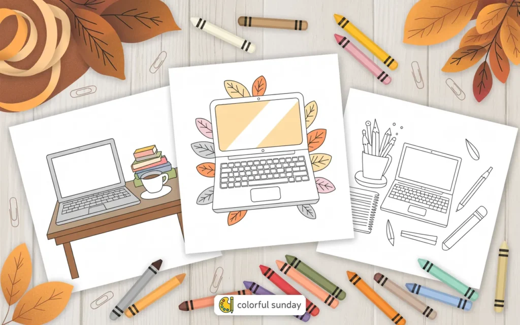 three coloring pages of a laptop