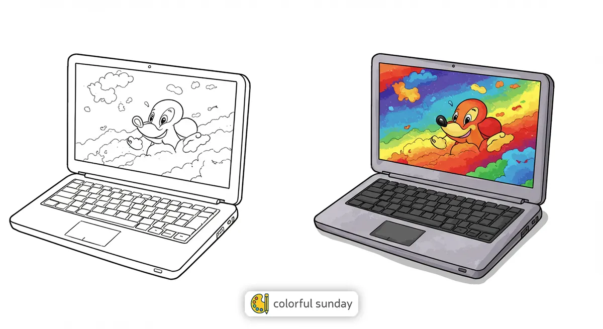 Laptop coloring pages featured image, left side uncolored, right side fully colored