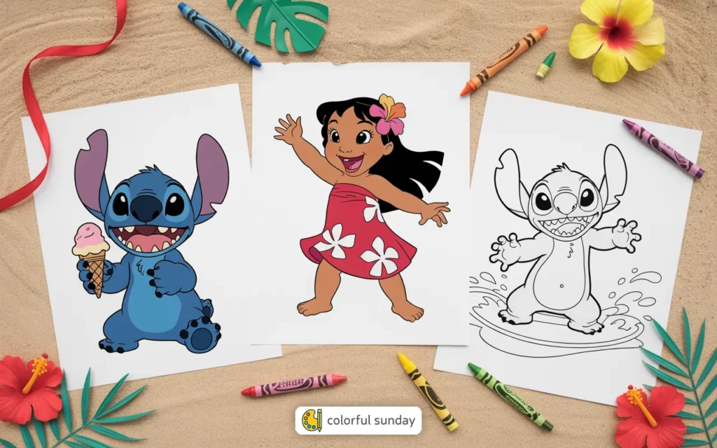 three coloring pages of Lilo & Stitch