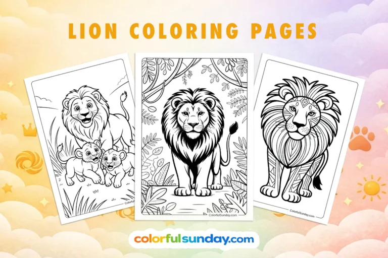 lion coloring pages featured image displaying three free printables