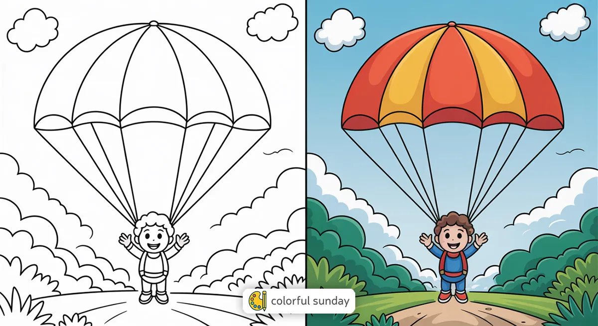 parachute coloring pages featured image, left side uncolored, right side fully colored