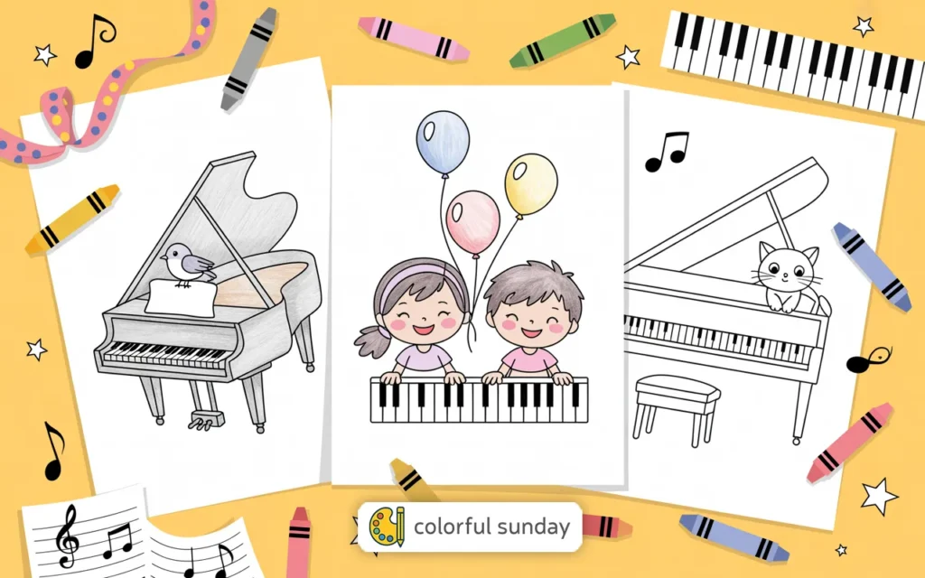 three coloring pages of a piano