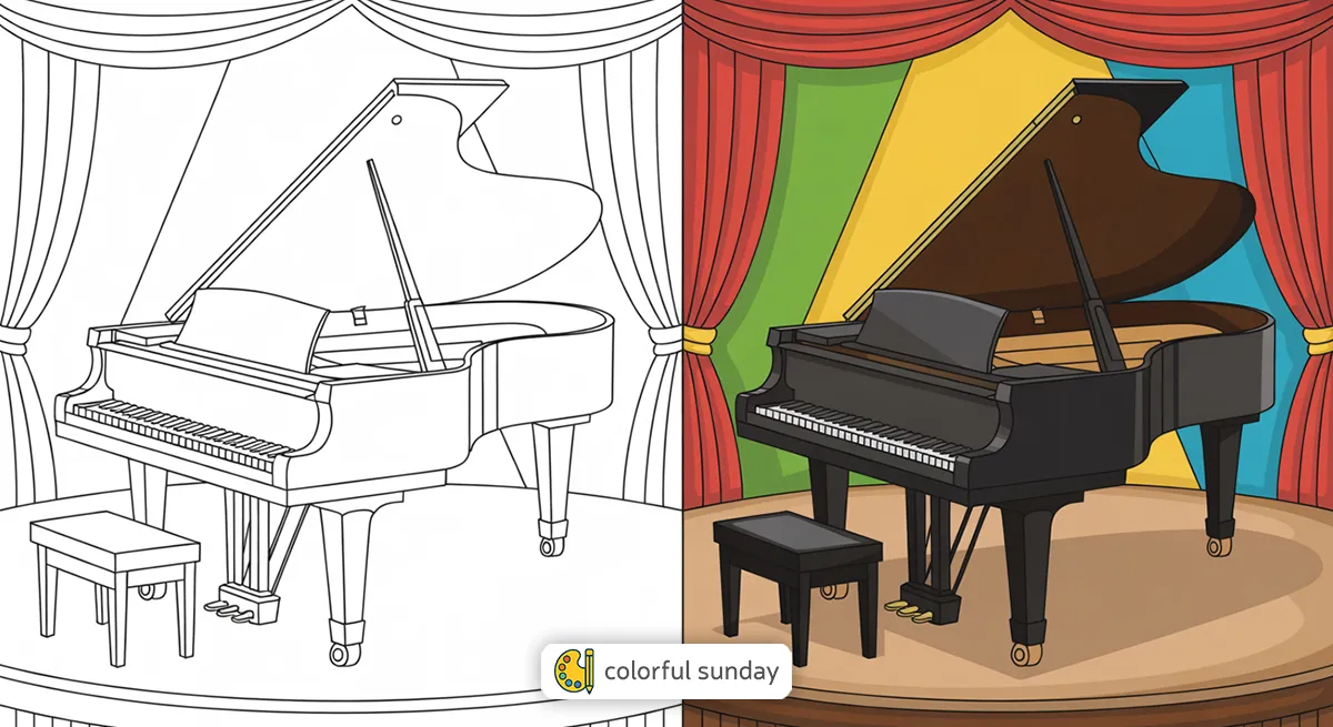 Piano coloring pages featured image, left side uncolored, right side fully colored