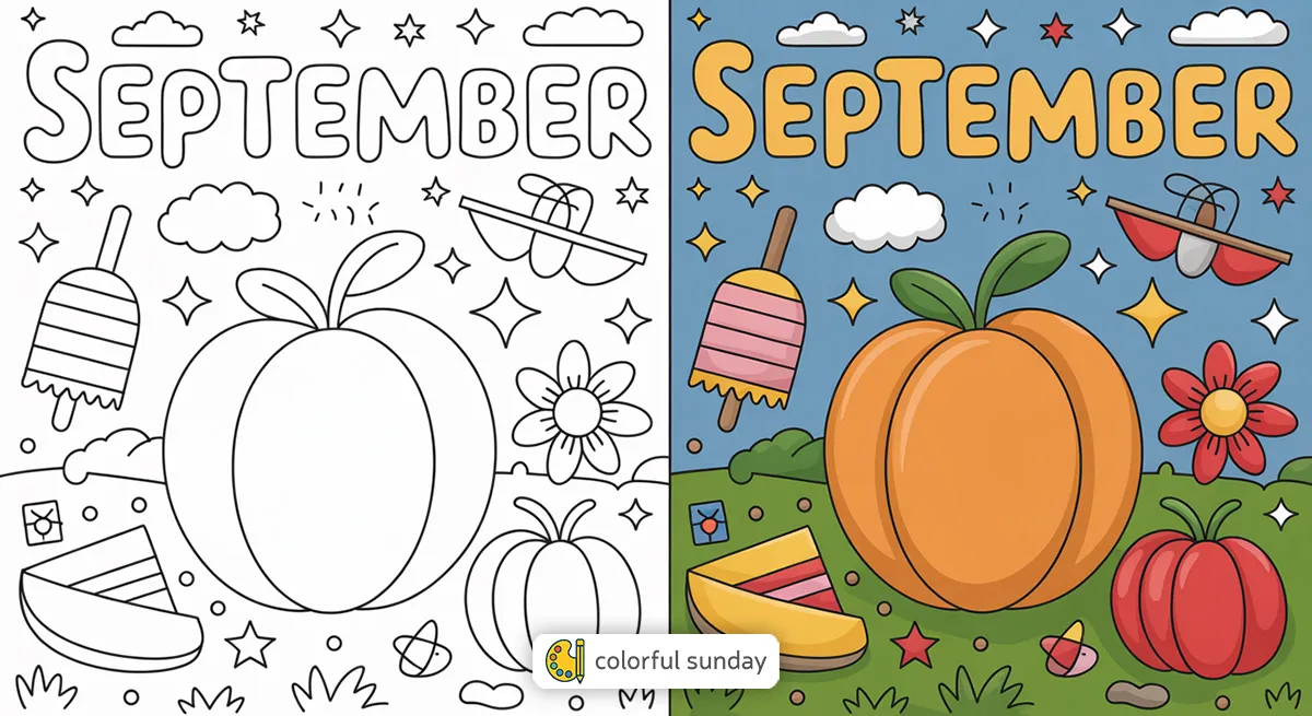 September coloring pages featured image, left side uncolored, right side fully colored
