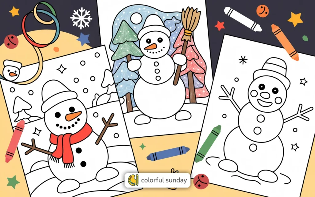 three coloring pages of a snowman