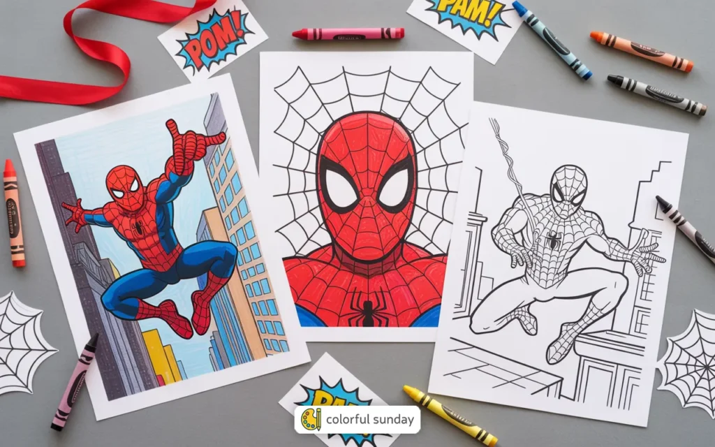 three coloring pages of Spider-Man