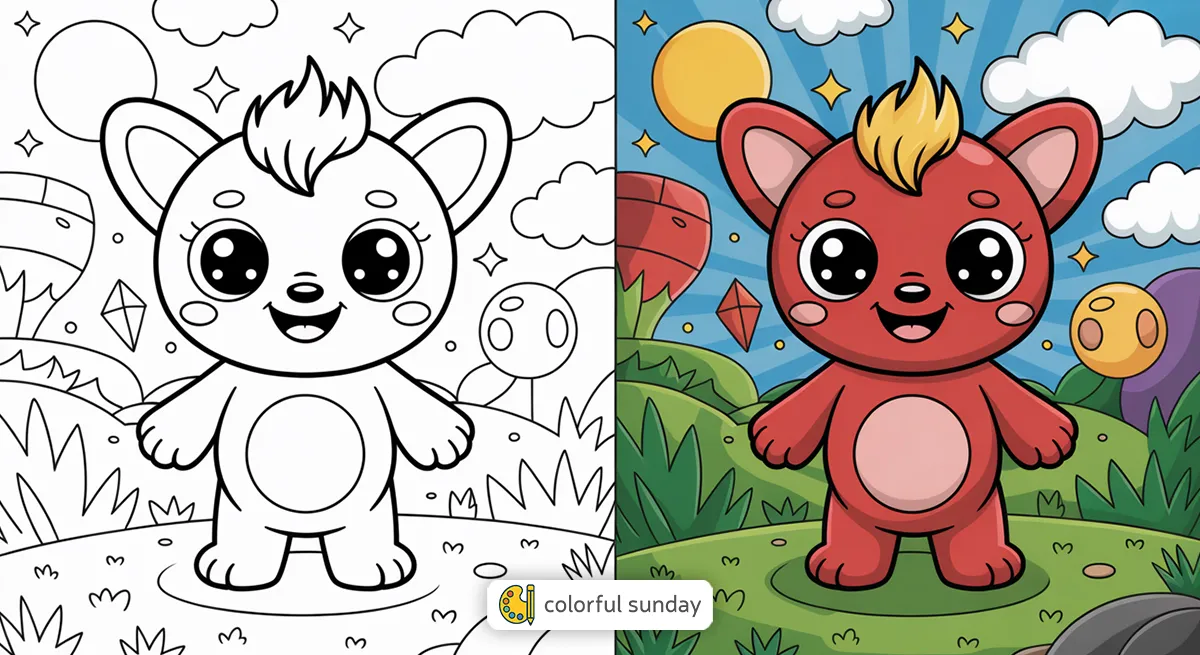 Super cute coloring pages featured image, left side uncolored, right side fully colored